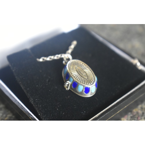 206 - SILVER & ENAMEL BIBLICAL LOCKET ON SILVER CHAIN