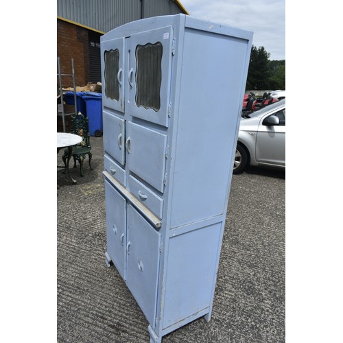 30 - PAINTED BLUE 1930s KITCHEN CABINET WITH BRUSH SLIDE