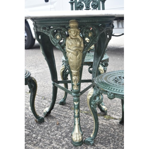 195 - VICTORIAN CAST GARDEN SET MARBLE TOPPED TABLE AND 3 CHAIRS