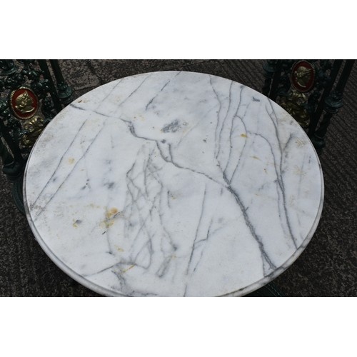 195 - VICTORIAN CAST GARDEN SET MARBLE TOPPED TABLE AND 3 CHAIRS