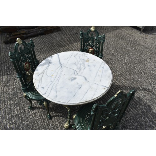 195 - VICTORIAN CAST GARDEN SET MARBLE TOPPED TABLE AND 3 CHAIRS