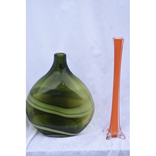 244 - GREEN STRIPED GLASS VASE AND TALL ORANGE GLASS