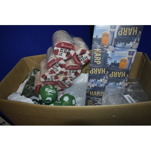 357 - LARGE BOX OF PUB ITEMS BEER MATS FLAGS CUPS ETC