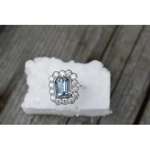 148A - PLATINUM AQUA 3.55CT AND DIAMOND 1.40 CT LARGE CLUSTER RING