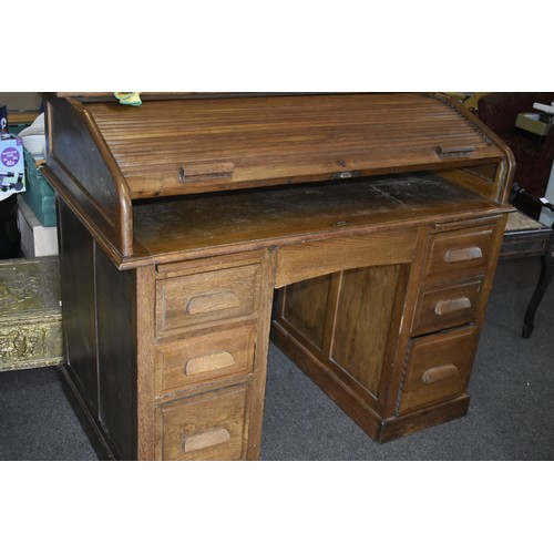 286 - OAK CYLINDER TOP TWIN PEDESTAL DESK