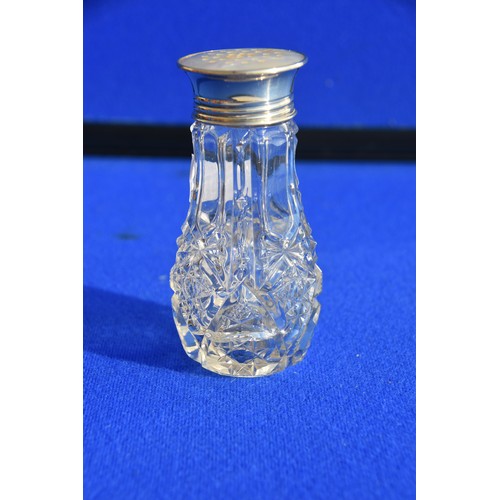 196 - CRYSTAL SUGAR SHAKER WITH SILVER AND MOTHER OF PEARL TOP