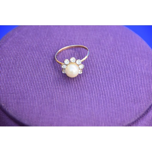 201 - 18CT GOLD PEARL AND CZ DRESS RING BOXED