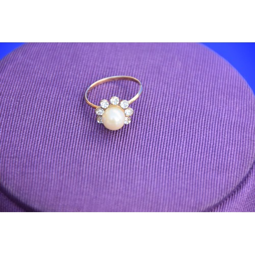 201 - 18CT GOLD PEARL AND CZ DRESS RING BOXED