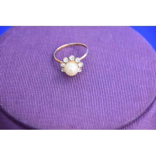 201 - 18CT GOLD PEARL AND CZ DRESS RING BOXED