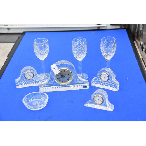 47 - 6 PIECE LOT OF TYRONE CRYSTAL INCLUDING 2 CLOCKS