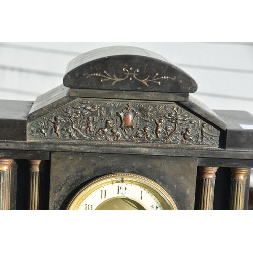 35 - SLATE MANTLE CLOCK WITH BRASS PILLARS DAMAGED BEZELL