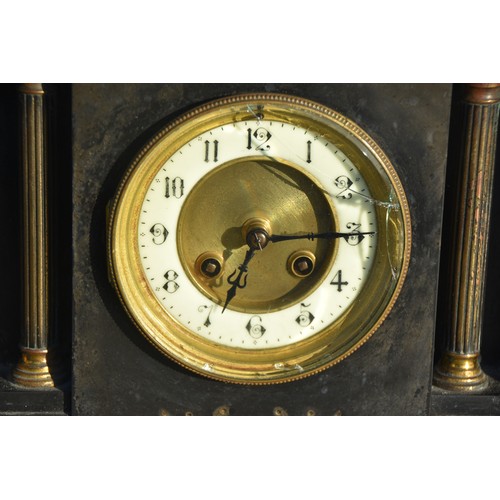 35 - SLATE MANTLE CLOCK WITH BRASS PILLARS DAMAGED BEZELL