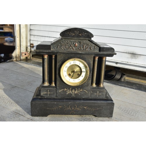 35 - SLATE MANTLE CLOCK WITH BRASS PILLARS DAMAGED BEZELL