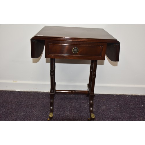 45 - MAHOGANY INLAID SINGLE DRAWERED TWIN LEG SOFA TABLE WITH BRASS PAW FOOT