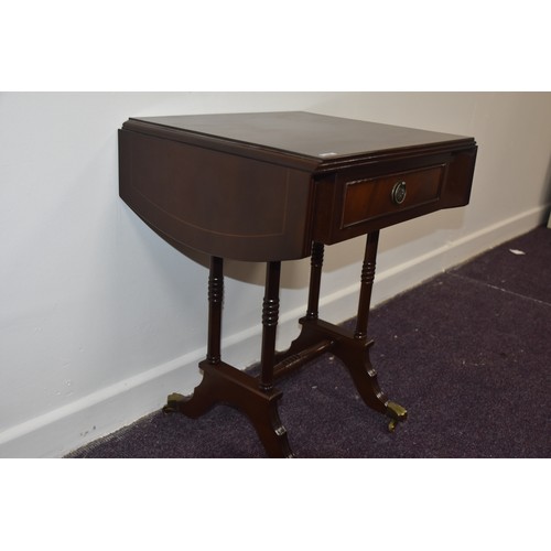 45 - MAHOGANY INLAID SINGLE DRAWERED TWIN LEG SOFA TABLE WITH BRASS PAW FOOT