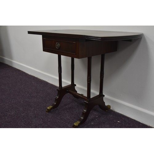 45 - MAHOGANY INLAID SINGLE DRAWERED TWIN LEG SOFA TABLE WITH BRASS PAW FOOT