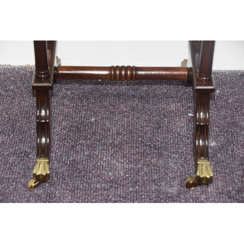 45 - MAHOGANY INLAID SINGLE DRAWERED TWIN LEG SOFA TABLE WITH BRASS PAW FOOT