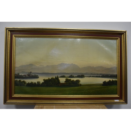 54 - LARGE CONTINENTAL OIL  ON CANVAS OF LAKE SCENE SIGNED BOTTOM RIGHT & IN MODERN FRAME PAINTING SIZE I... 