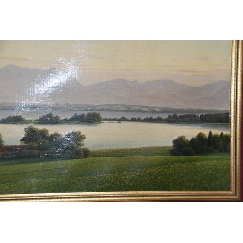 54 - LARGE CONTINENTAL OIL  ON CANVAS OF LAKE SCENE SIGNED BOTTOM RIGHT & IN MODERN FRAME PAINTING SIZE I... 