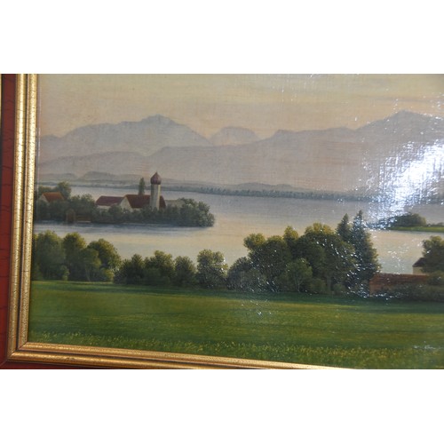 54 - LARGE CONTINENTAL OIL  ON CANVAS OF LAKE SCENE SIGNED BOTTOM RIGHT & IN MODERN FRAME PAINTING SIZE I... 