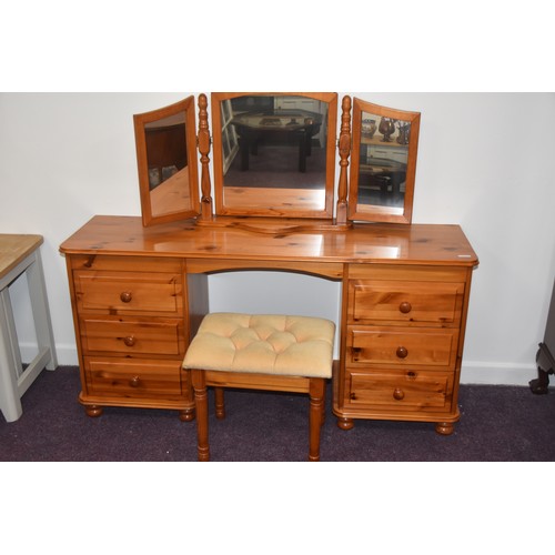 84 - PINE DRESSING TABLE COMPLETE WITHTABLE TOP GULL WING MIRROR & STOOL IN GOOD CONDITION