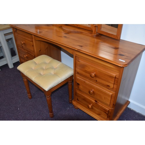 84 - PINE DRESSING TABLE COMPLETE WITHTABLE TOP GULL WING MIRROR & STOOL IN GOOD CONDITION