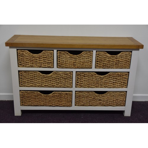 90 - OAK/CREAM/WICKER BASKET  7 DRAWERED CHEST/SIDEBOARD IN GOOD CONDITION