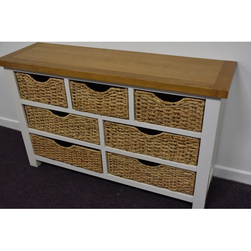 90 - OAK/CREAM/WICKER BASKET  7 DRAWERED CHEST/SIDEBOARD IN GOOD CONDITION