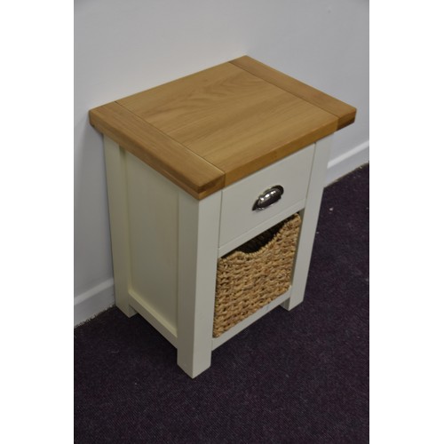 104 - OAK/WHITE WITH 1 DRAWER BEDSIDE WITH WICKER BASKET IN BASE IN VERY GOOD CONDITION