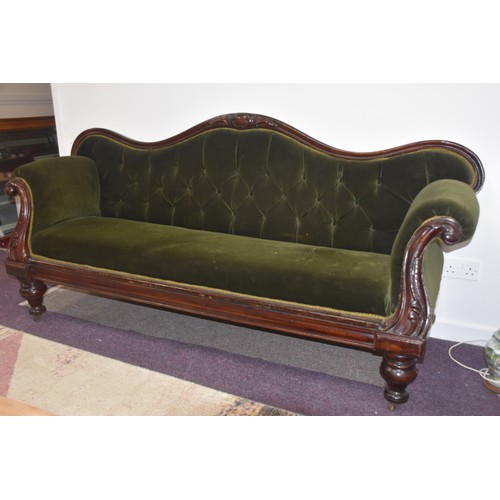 105 - LARGE VICTORIAN DOUBLE END SETTEE BUTTON AND SCROLLED BACK ON TURNED LEGS IN GOOD CONDITION