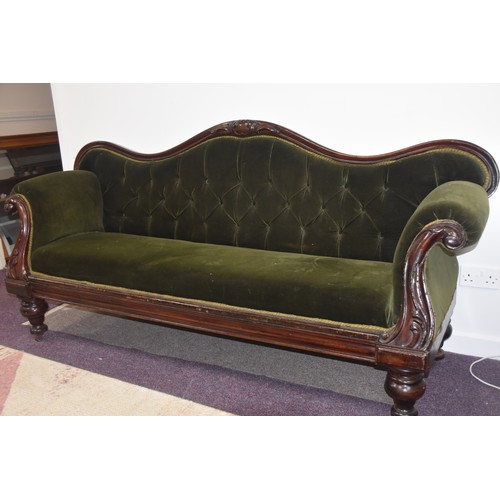 105 - LARGE VICTORIAN DOUBLE END SETTEE BUTTON AND SCROLLED BACK ON TURNED LEGS IN GOOD CONDITION