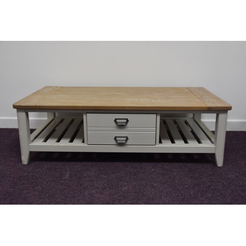 128 - GREY/OAK COFFEE TABLE WITH SINGLE DRAWER ON EITHER SIDE WITH DOUBLE DRAWER EFFECT