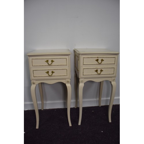 134 - PAIR OFCREAM FRENCH STYLE 2 DRAWER BEDSIDES IN GOOD CONDITION