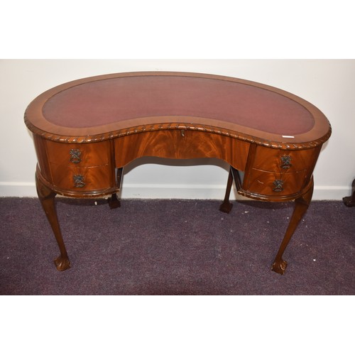 135 - RED LEATHER TOPPED KIDNEY DESK WITH CAB LEG ON BALL & CLAW FOOT IN VERY GOOD CONDITION