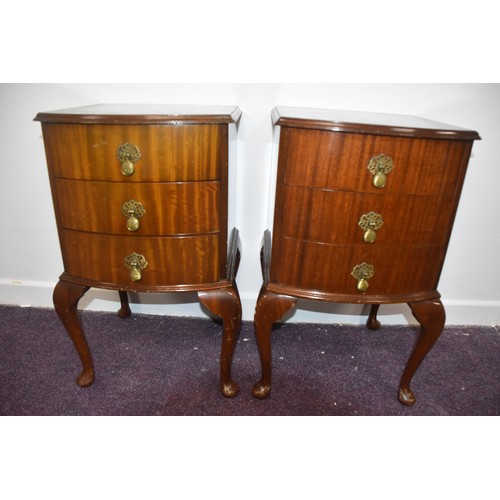 141 - PAIR OF BOW FRONT 3 DRAWERED BEDSIDES ON QUEEN ANNE LEG