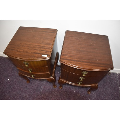 141 - PAIR OF BOW FRONT 3 DRAWERED BEDSIDES ON QUEEN ANNE LEG