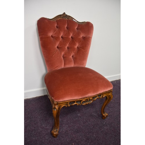 154 - PINK BUTTONED SIDE CHAIR ON CAB LEG  & PIERECD FRONT