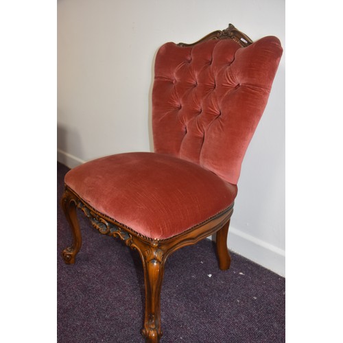 154 - PINK BUTTONED SIDE CHAIR ON CAB LEG  & PIERECD FRONT