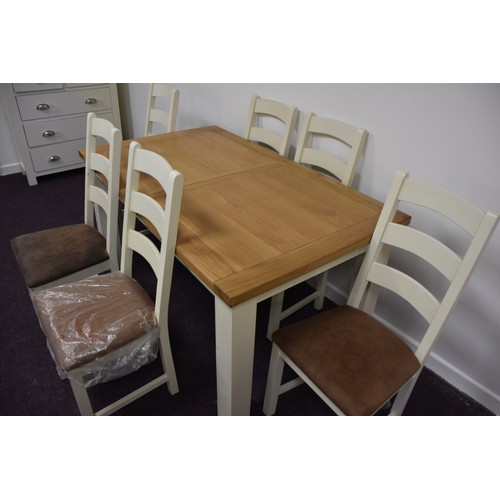 155 - OAK/WHITE TABLE & CHAIRS (SLIGHT MARKS TO DROP IN CHAIR SEATS)