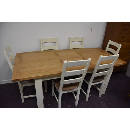 155 - OAK/WHITE TABLE & CHAIRS (SLIGHT MARKS TO DROP IN CHAIR SEATS)