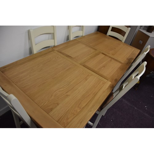 155 - OAK/WHITE TABLE & CHAIRS (SLIGHT MARKS TO DROP IN CHAIR SEATS)