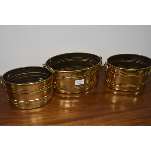 159 - 3 OLD COPPER OVAL BRASS PLANTERS