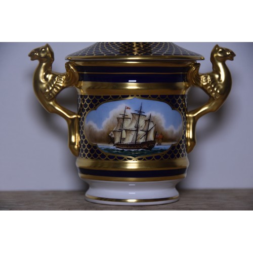 195 - SPODE DOUBLED HANDLED URN & LID HAND PAINTED NAVAL SCENE STANDING APPROX 11CMS TALL