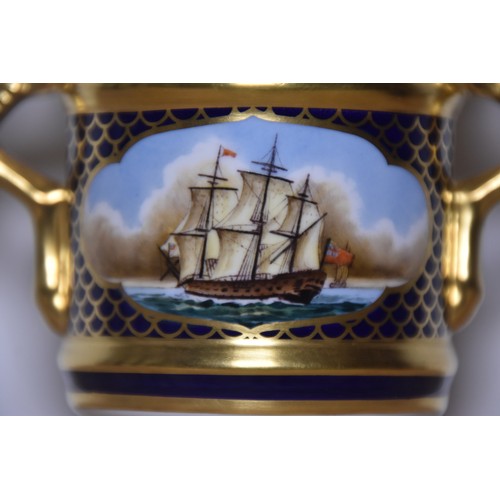 195 - SPODE DOUBLED HANDLED URN & LID HAND PAINTED NAVAL SCENE STANDING APPROX 11CMS TALL