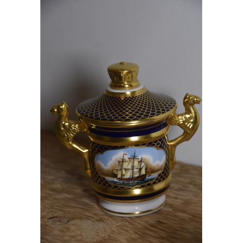 195 - SPODE DOUBLED HANDLED URN & LID HAND PAINTED NAVAL SCENE STANDING APPROX 11CMS TALL