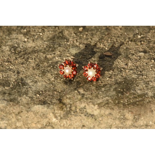 241 - 9CT GOLD PEARL AND GARNET SET EARRINGS (BOXED)