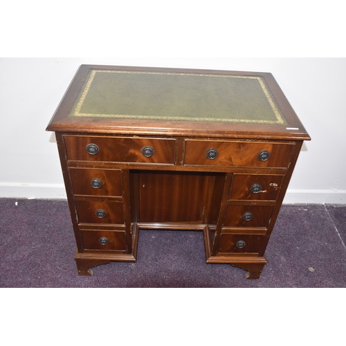 263 - SMALL CHASED GREEN LEATHER TWIN PEDESTAL DESK 2 DRAWERS AT TOP  OVER 3 SMALL DRAWERS TO EACH PEDESTA... 