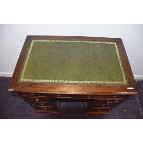 263 - SMALL CHASED GREEN LEATHER TWIN PEDESTAL DESK 2 DRAWERS AT TOP  OVER 3 SMALL DRAWERS TO EACH PEDESTA... 