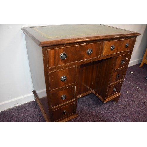 263 - SMALL CHASED GREEN LEATHER TWIN PEDESTAL DESK 2 DRAWERS AT TOP  OVER 3 SMALL DRAWERS TO EACH PEDESTA... 