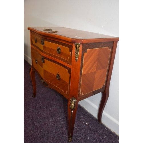 265 - BEAUTIFUL SHAPED INLAID BRASS MOUNTED 2 DRAWERED CHEST COMPLETE WITH 2 KEYS